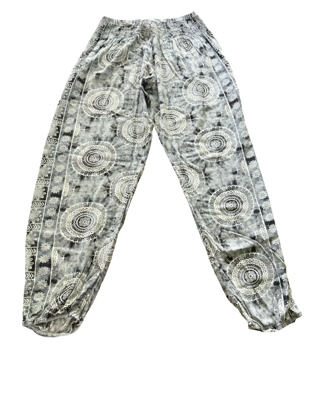 Lotus & Luna Boho Mandala Harem Pants Smocked Waist Gray White S/M - Picture 3 of 7
